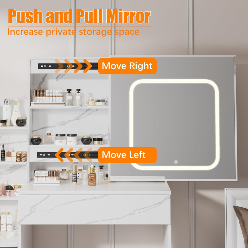 Vanity Desk with Mirror and LED Lights, Makeup Vanity Desk with Sliding Lighted Mirror, Dressing Table Set with Stool & 4 Drawers, Storage Shelves