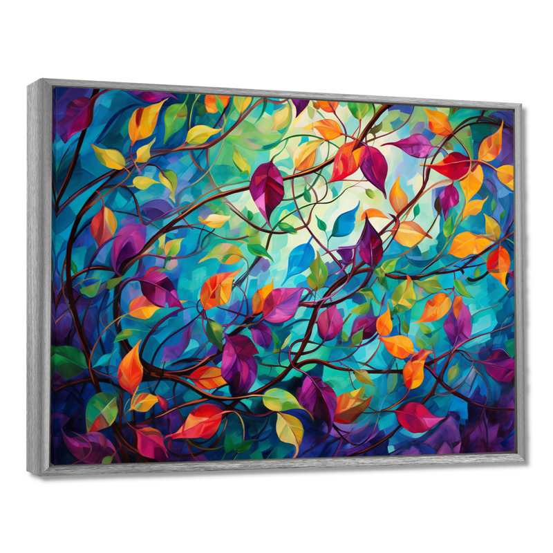 Multicolor Vibrant Vines I - Abstract Botanicals, art mural, H 12 po x l 20 po x P 1 po, Encadrement argenté