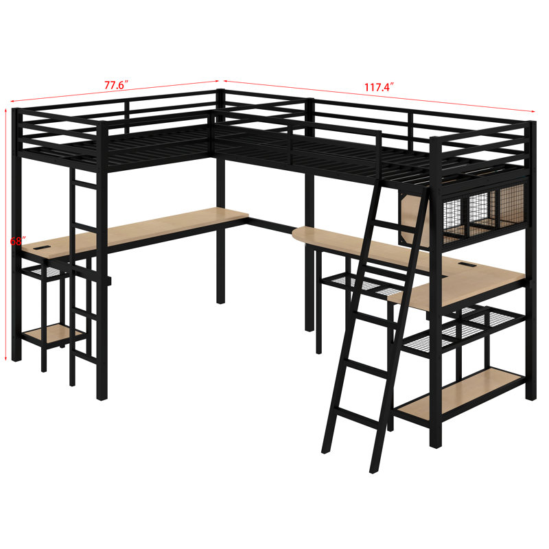 Lit mezzanine en L avec tablettes de rangement et 2 bureaux intégrés