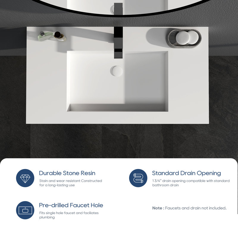 35'' Rectangular Stone Resin Single Bathroom Sink with Faucet Hole