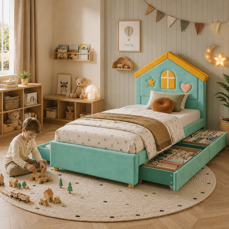 Drawers House Bed, 90x200 cm, Blue&Green