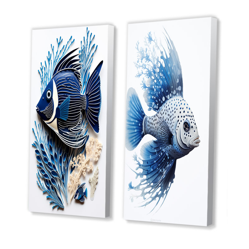 Monochromes de poissons bleu et blanc - Ensemble de 2 reproductions d'art mural corail sous l'eau, Toile tendue