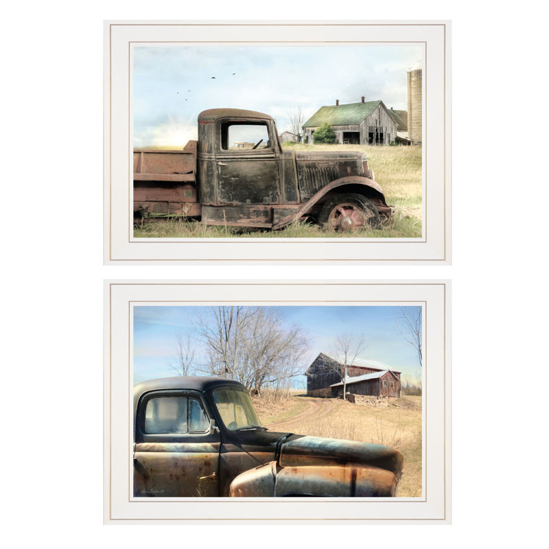 Art mural vintage encadré vignette 2 pièces pour camions de ferme rétro par Lori Deiter, Cadre blanc