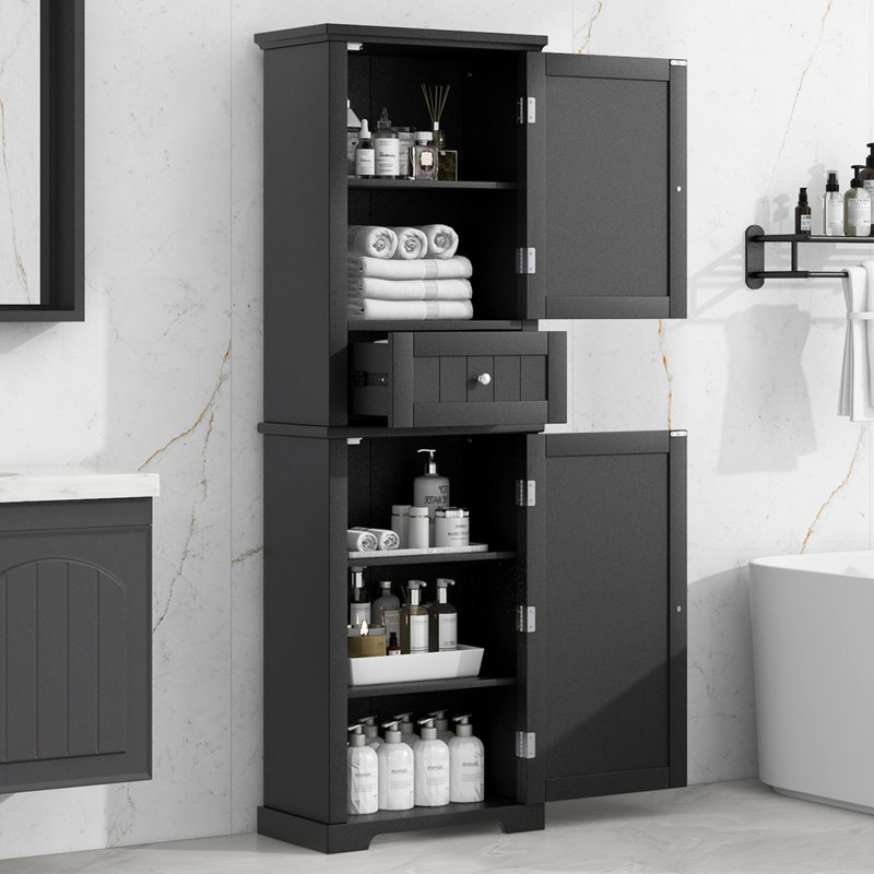 Grande armoire de rangement pour salle de bain, armoire de rangement autoportante avec tiroir et tablette réglable, panneau de fibres à densité moyenne avec finition peinte
