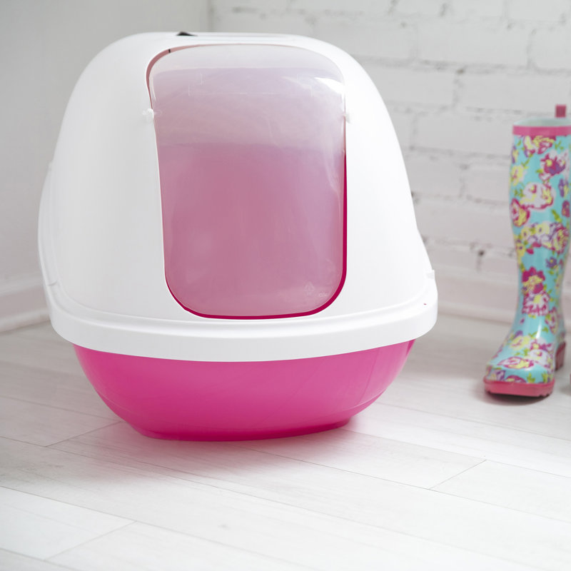 Basic Plastic Enclosed Litter Box, Jumbo (18.5" H x 19" W x 24" D), Pearl White/Pink