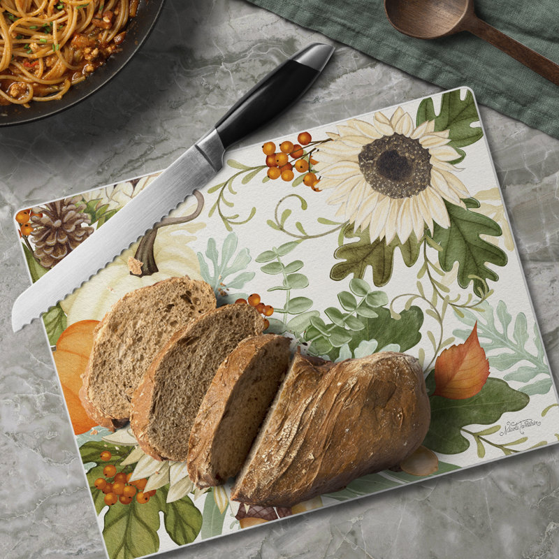 Farmhouse Fall Sunflower and Pumpkin Tempered Glass Cutting Board