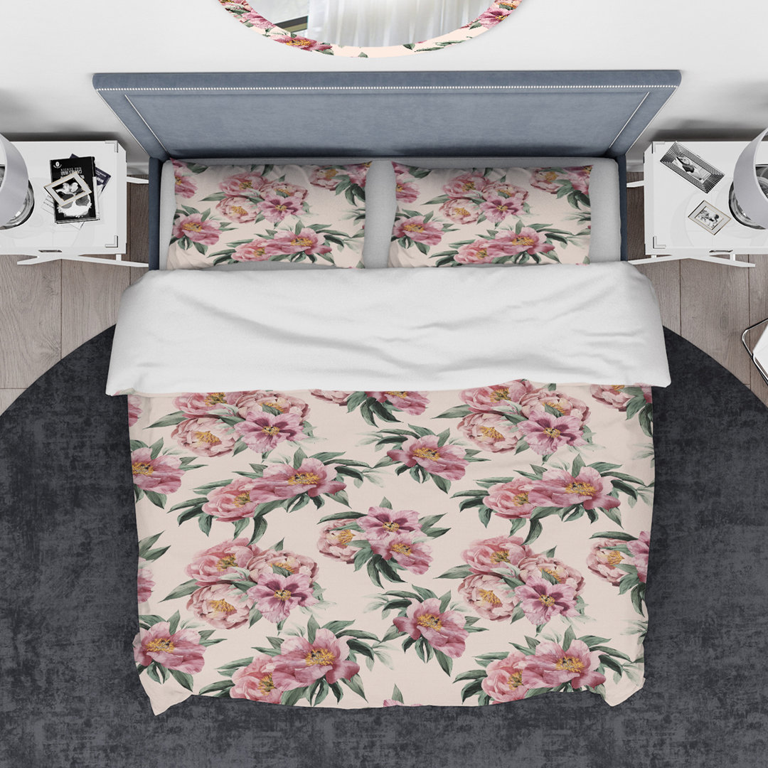 Pink Peonies - Floral Flower Duvet Cover Set - Microfiber Polyester Design Art
