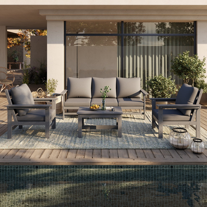 5-Person Modular HDPE Outdoor Conversation Set With 5"Thick Cushions, All-Weather Poly Lumber Patio Sofa Seating Set, Gray