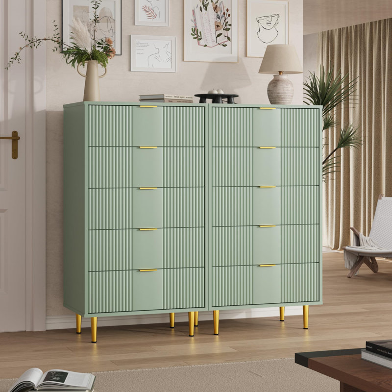 Commode 5 tiroirs avec poignées en métal de 44,3 po de hauteur, commode en bois moderne, Vert