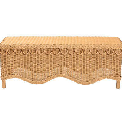 Banc bohémien à bordure tressée avec bois naturel et d'ingénierie, bords festonnés, siège rectangulaire large, entièrement assemblé, couleur miel, 47,6 po de largeur, 15,69 de profondeur, 17,39 de hauteur, 19,92 livres