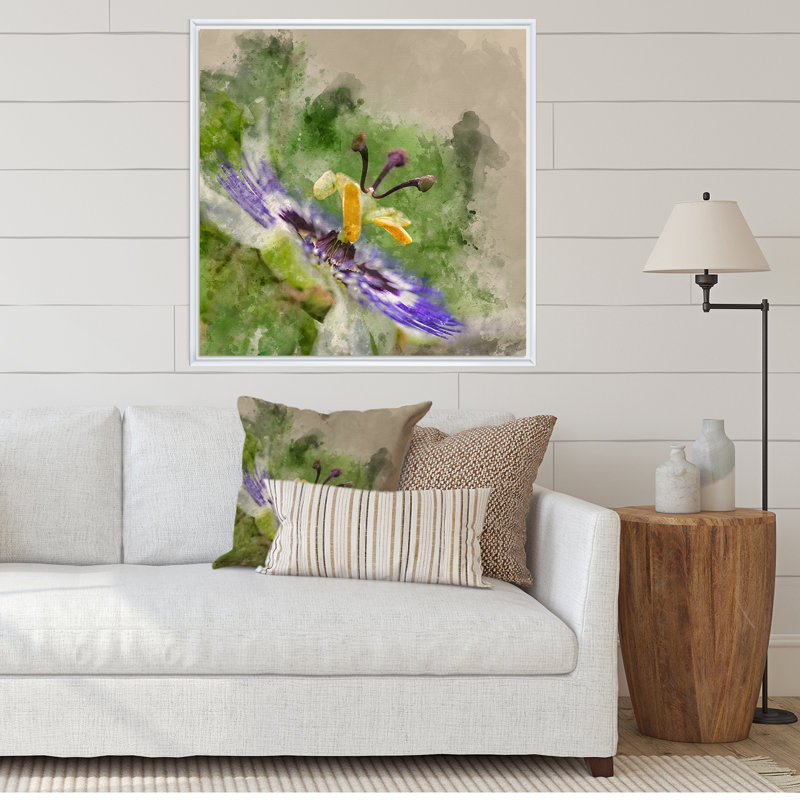 Abstrait fleur mauve - Peinture, H 16 po x l 16 po, Cadre flottant blanc