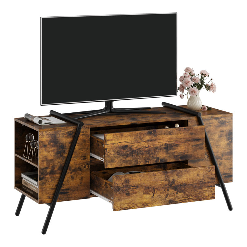 TV Stand for TV up to 65 in, 55 in Entertainment Center with 2 Drawers, Adjustable Shelves, U-Shaped Metal Legs, Farmhouse Wooden TV Console for Living Room, Bedroom, Rustic Amber Oak