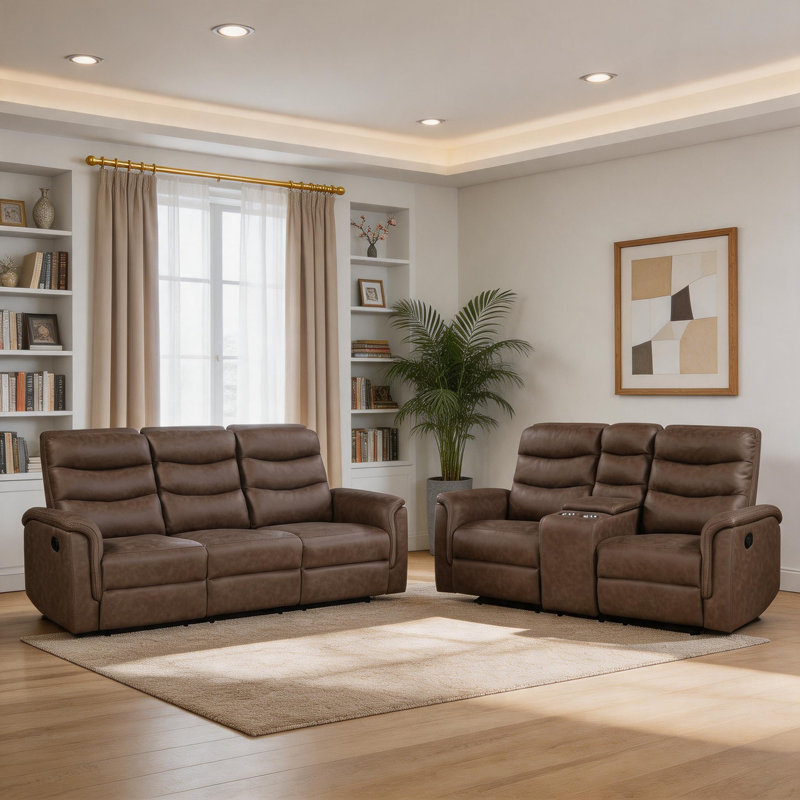 Ensemble de canapé de salon inclinable manuel en microfibre polie 2 pièces avec console centrale Ardyn, Brown