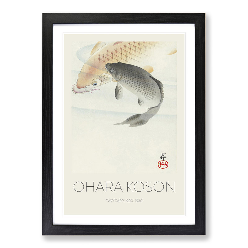Two Carp Fish by Ohara Koson - Picture Frame Painting, 65cm H x 48cm W x 2cm D, Black Framed