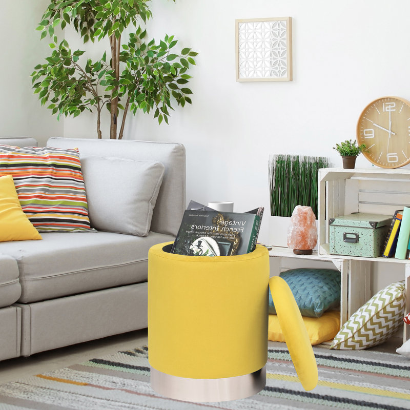 Tabouret de rangement rond, Velours jaune, Argent