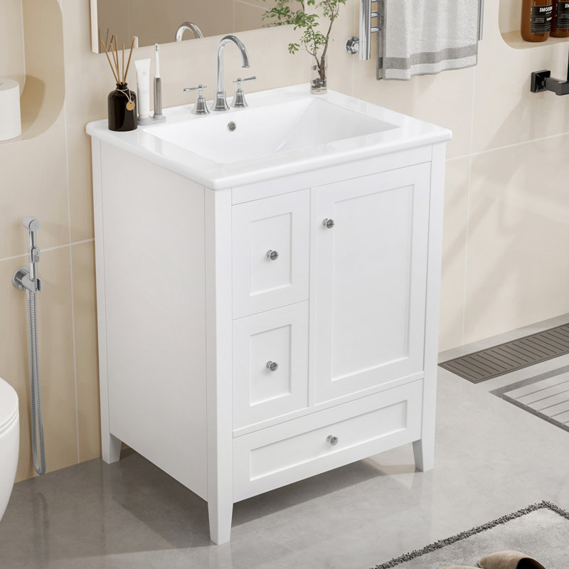 Meuble-lavabo blanc 24 po avec tiroirs, rangement et tablette réglable, Blanc