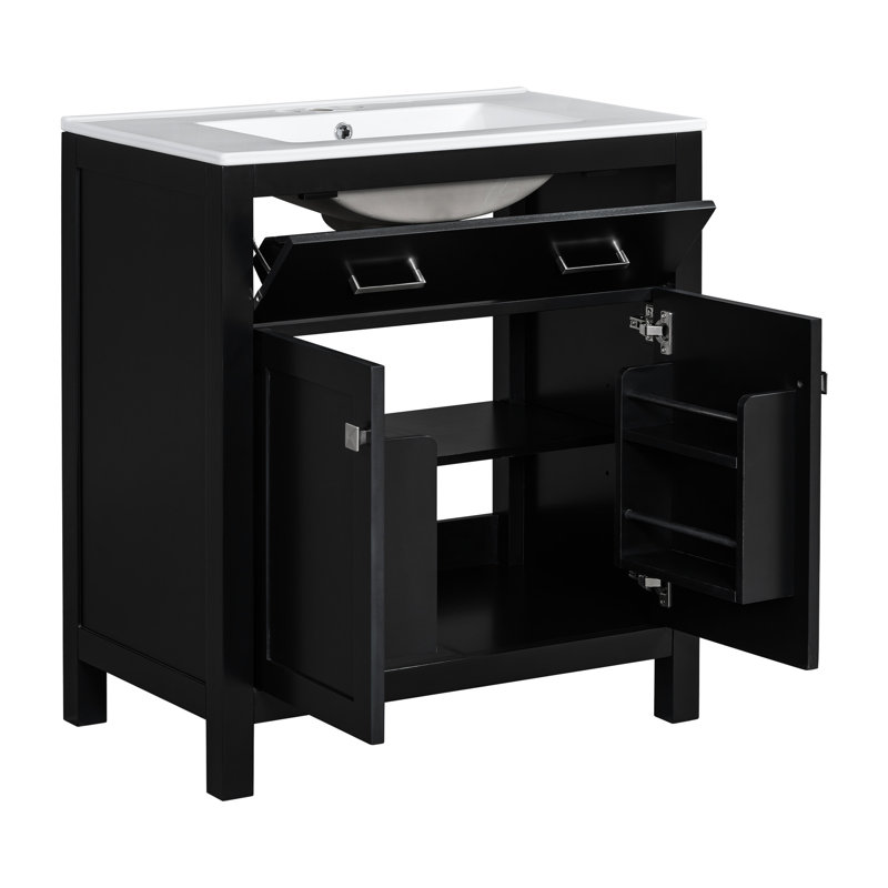 60" Black Bathroom Vanity With Double Vanities, Ceramic Sinks, Adjustable Shelf, Gracefully Shutting Hinges, Flip Drawer - Elegant Sanctuary Modern Vanity, U-Shaped Quiet Close Doors, Practical