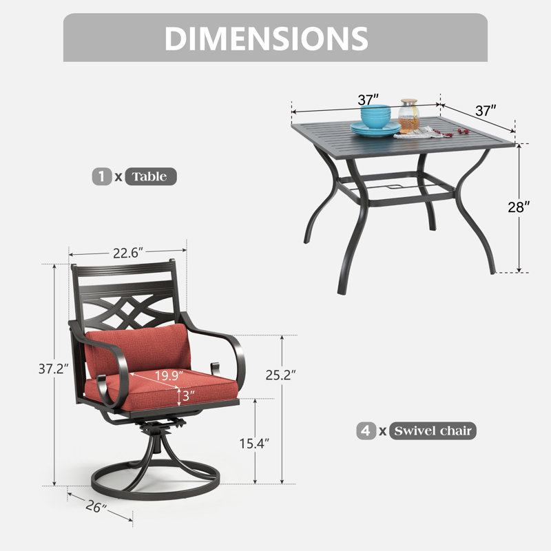 Ensemble repas extérieur pour 4 personnes avec chaises pivotantes, coussins et coussins, Rouge