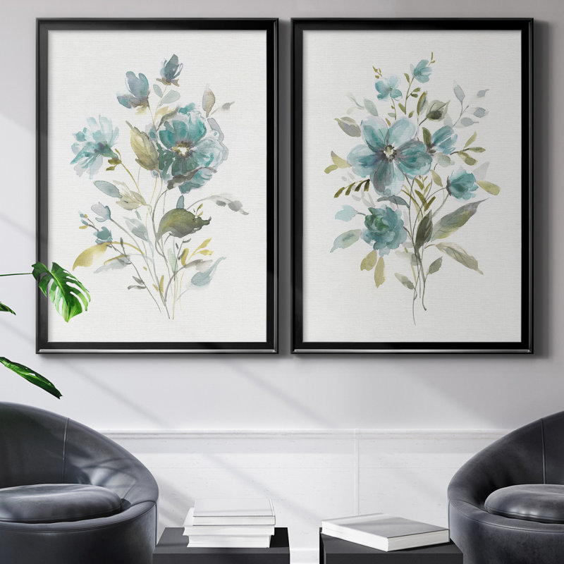 Linen Botanical I - Ensemble de 2 reproductions d'art, H 30,5 po x l 42,5 po x P 3 po, Toile avec cadre noir, Pas de tapis