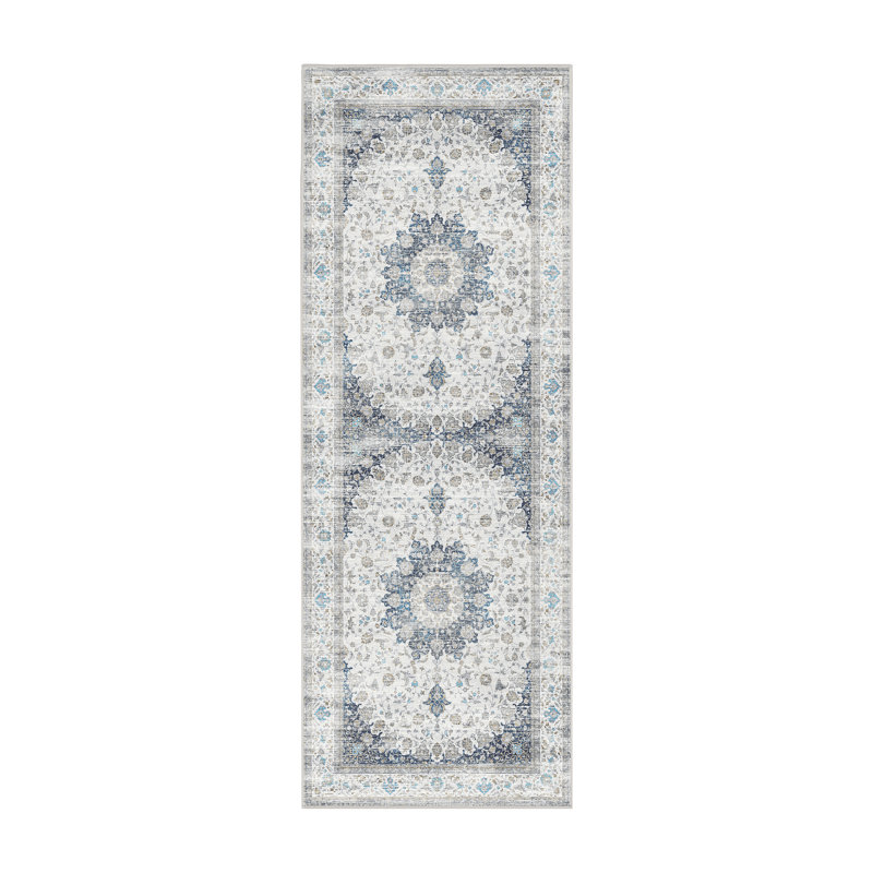 Vespera Medallion Silver Machine Washable Non-Slip Stain-Resistant Traditional Hallway Runner Rug - 2.5'x7', Runner 2'6" x 7'
