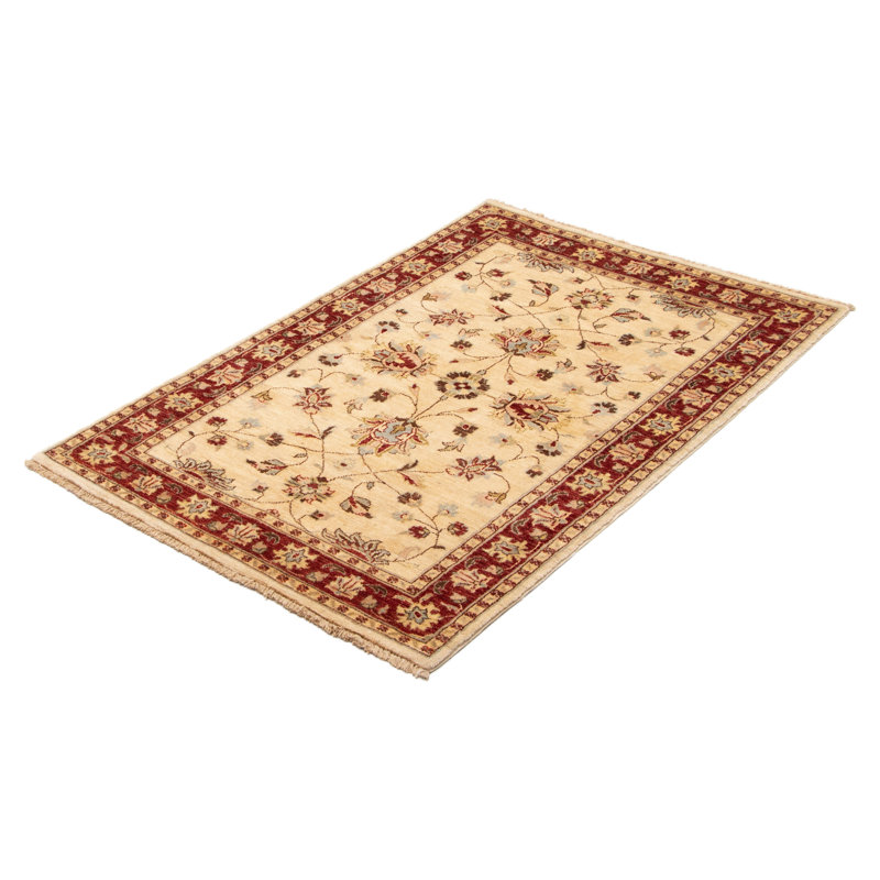 Tapis crème / rouge en laine noué à la main de conception unique nouvel âge 4 pi 1 po x 6 pi 4 po Horance
