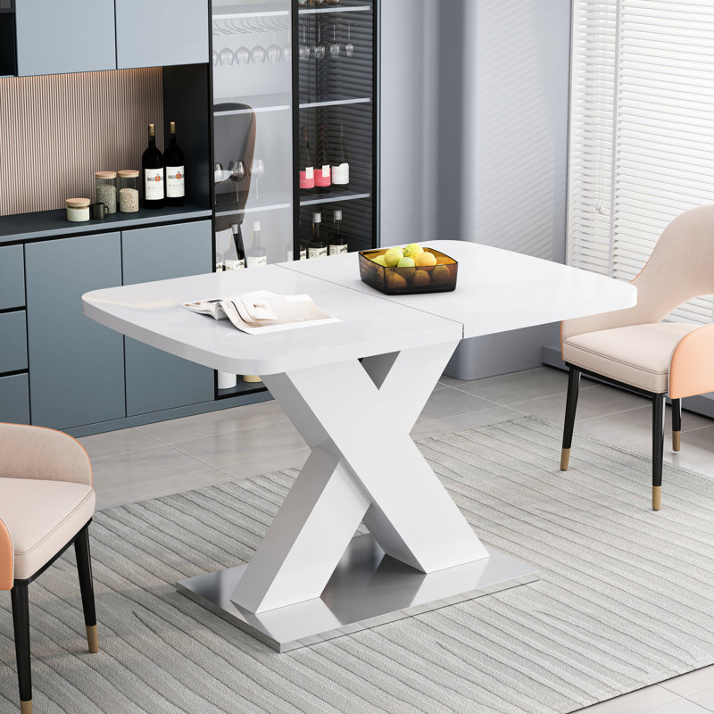 Table de salle à manger moderne, de forme carrée, avec plateau blanc et structure en acier, extensible, avec base, facile d'entretien, 89,21 lb