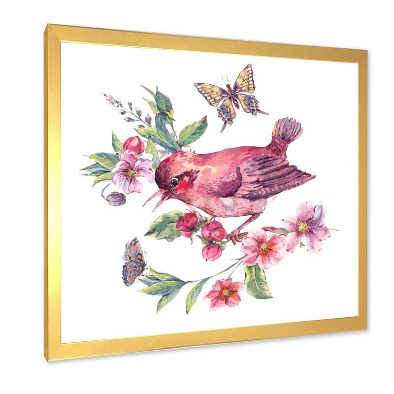 Oiseau sur une branche en fleurs I - peinture sur toile, H 30 po x l 30 po, Cadre doré