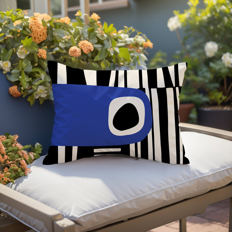 Jina Abstract Reversible Indoor/Outdoor Rectangular Pillow, 18"H x 25"W, Navy Blue/ Black/ Off-White