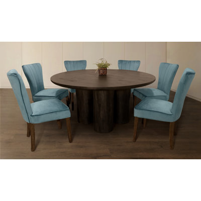 Table de salle à manger Grigori 63 po avec 3 ensembles de chaises Cleo en velours bleu sarcelle