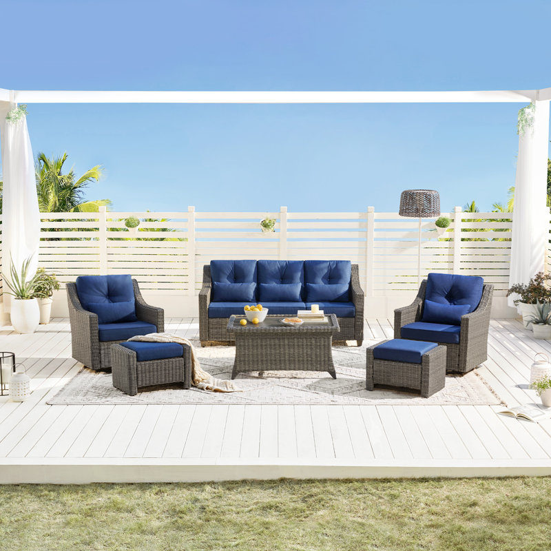 Keaisha 5 Person Outdoor Conversation Furniture Set Seating Group With Coffee Table And Cushions, Blue, Gray