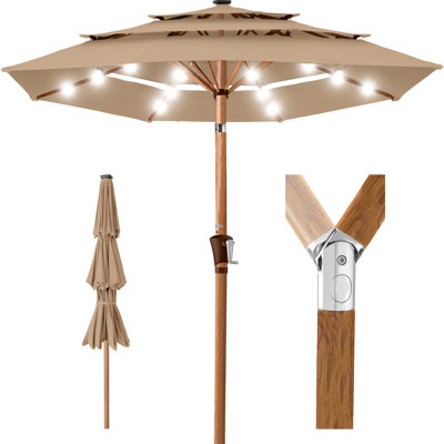  Parasol de patio à 3 niveaux avec 3 lumières à DEL Woodgrain