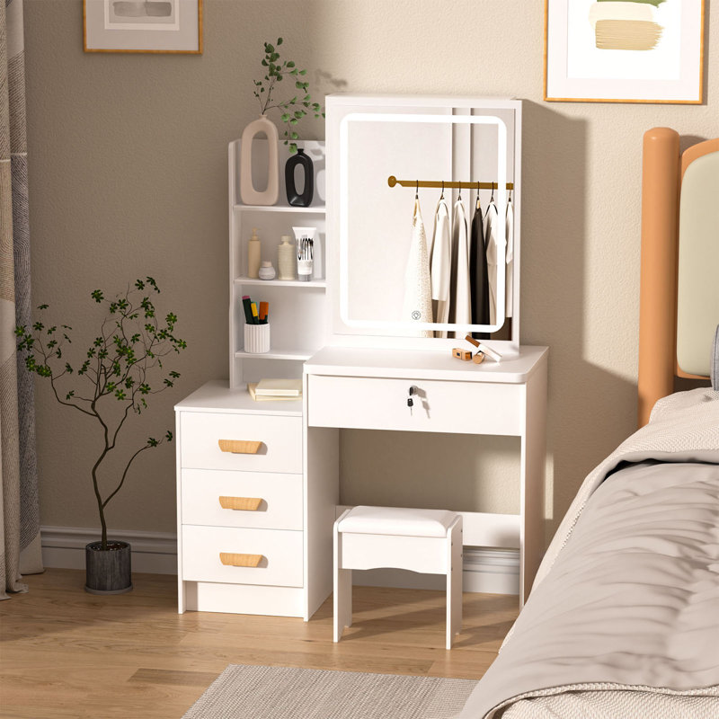 Bureau de maquillage avec miroir lumineux à DEL, coiffeuse à 4 tiroirs et tablettes ouvertes, coiffeuse de chambre à coucher avec tabouret