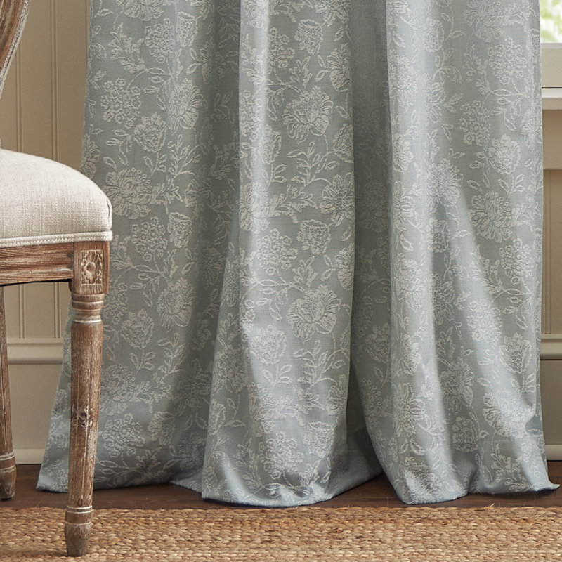 Light Blue Floral Jacquard Room Darkening Curtain Panel Pair