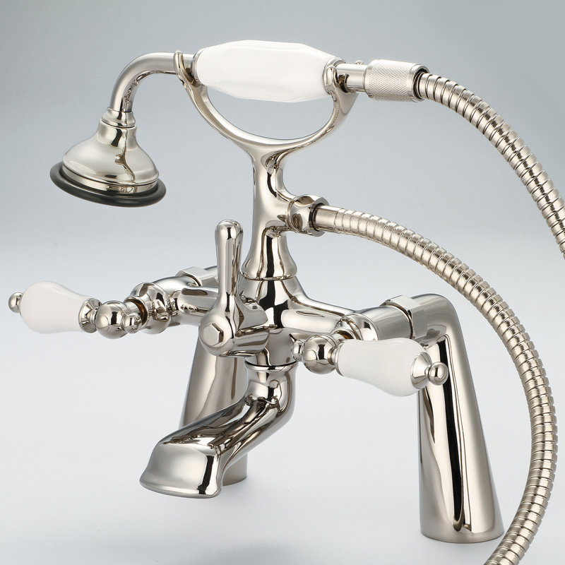 Stonington 3 Handle Deck Clawfoot Tub Faucet, Porcelain Lever Handles, Polished Nickel