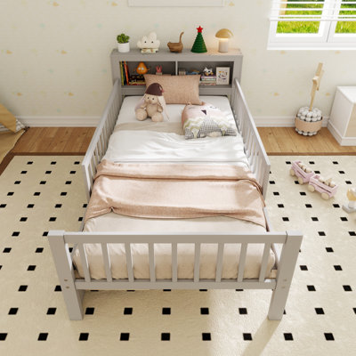Lit plateforme en bois avec garde-corps et support de tête de lit de style minimaliste