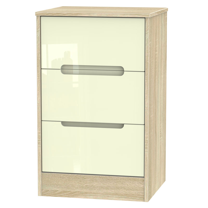 Fully Assembled Vernon 3 Drawer Bedside Table, Cream Gloss/Black