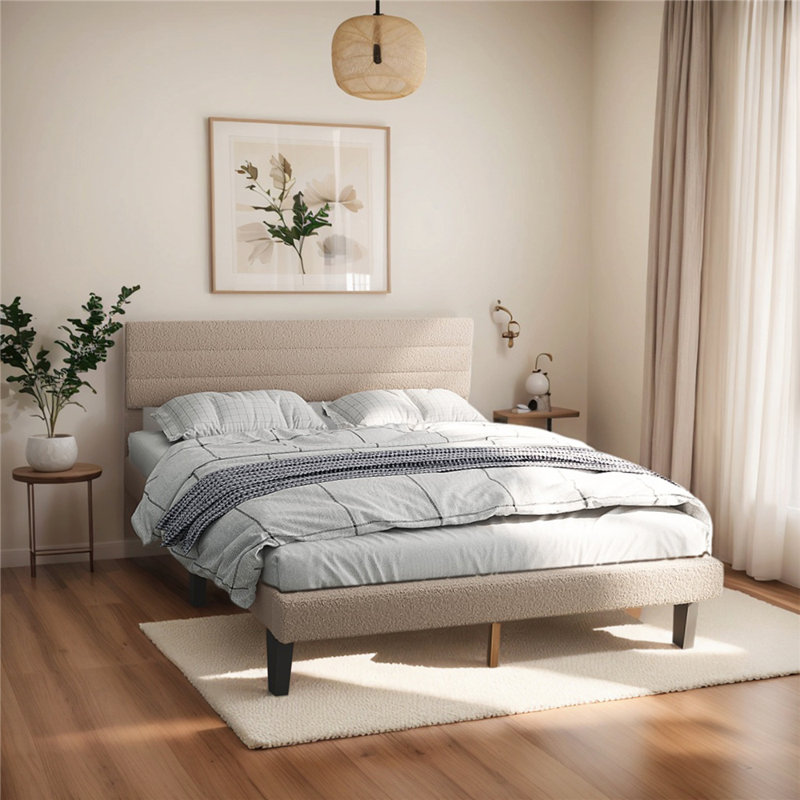 Bed Frame With Boucle Upholstered Headboard, Platform Bed, Full