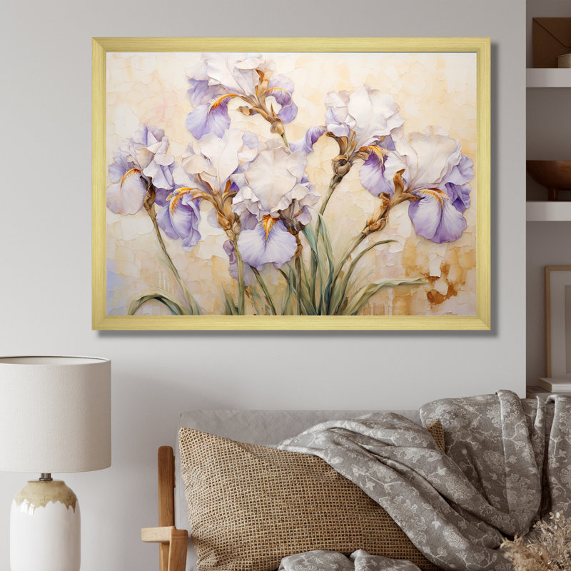 Beige minimalisme iris pétales radieux III, H 16 po x l 32 po x P 1 po, Cadre doré simple