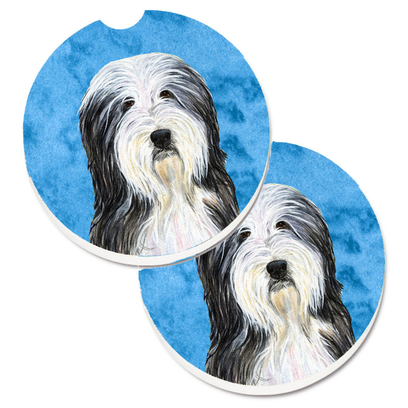 Ceramic Round 2 Piece Car Coaster Set, Bearded Collie
