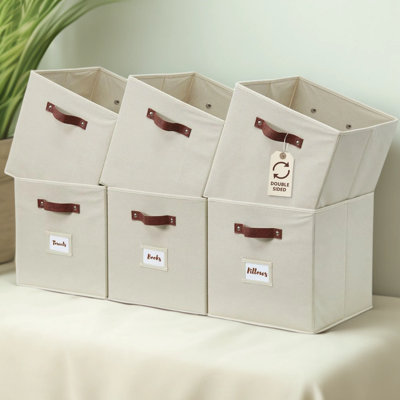 Fabric Storage Bins with Labels, Collapsible Cube Organizer Bins for Shelves, 6-Pack, 10.5 x 10.5 x 11 Inches, Beige, Durable Non-Woven Storage Cubes for Closet, Living Room, and Dorm