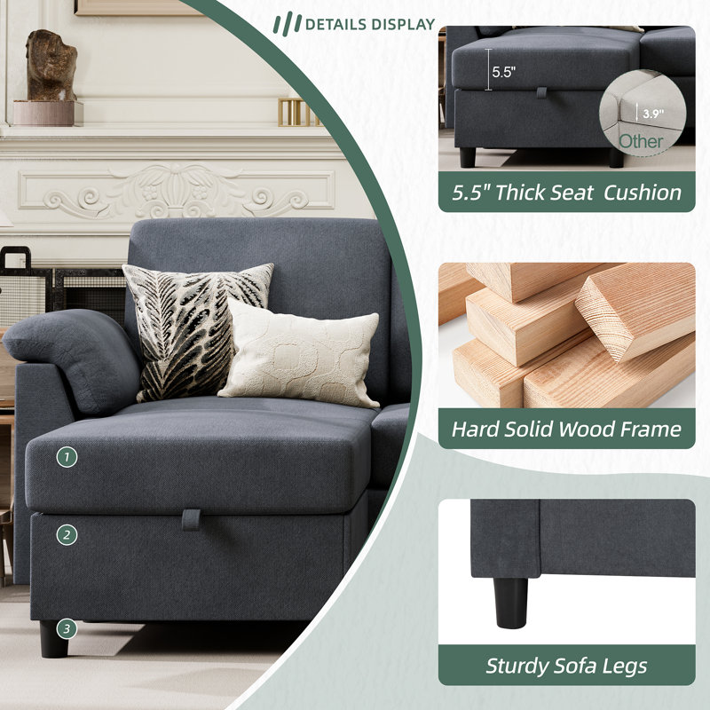 Ashleh 79.1" Square Arm Modular Sofa, Dark Grey Cotton Blend
