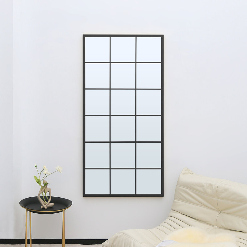 Decorative Large Rectangle Metal Window Pane Wall Mirror, Black