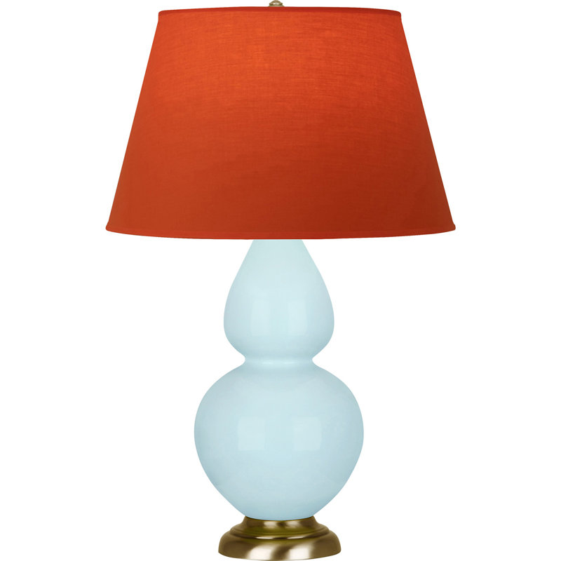 Lampe de table double gourde en céramique, Bleu bébé verni / laiton, Tangerine / doublure taupe, Laiton
