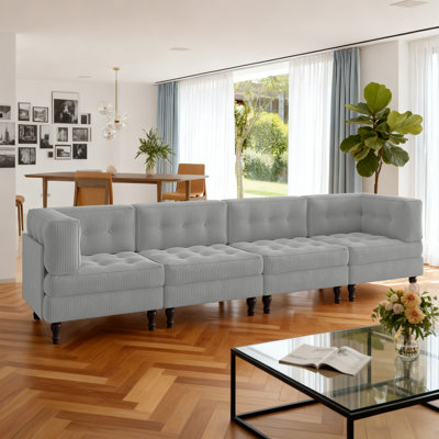 Ensemble de conversation modulaire 4 pièces en velours côtelé capitonné gris clair avec coussin