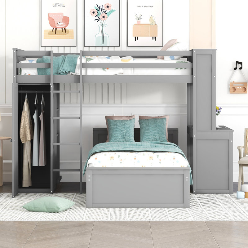 Lit mezzanine simple avec lit autonome, tablettes, bureau et garde-robe - gris