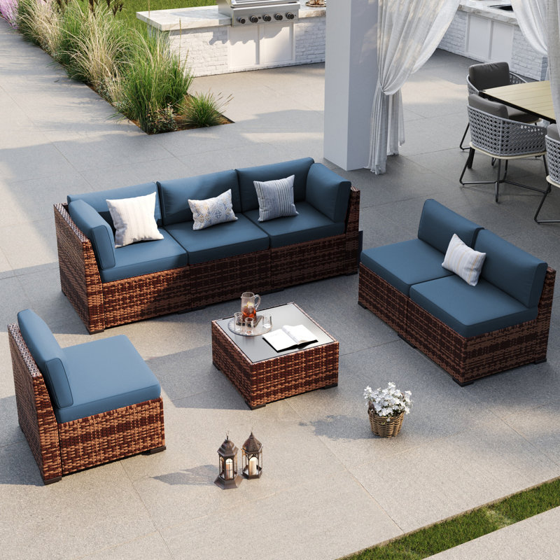 Cawanna 6 - Person Modular Patio Conversation Set with Cushions, Navy, No