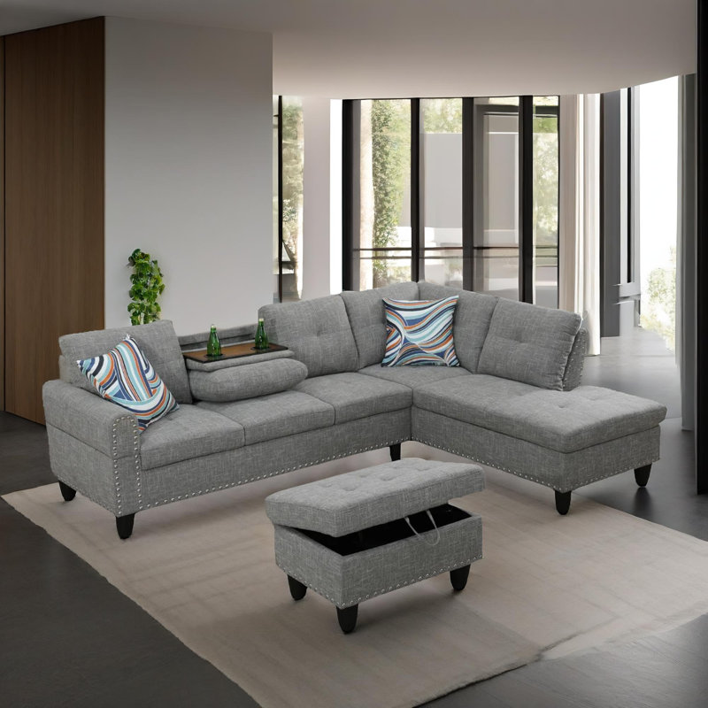 Orion  Brown Grey Linen  Right  Hand 3-Piece  Living Room Sofa, Gray Linen
