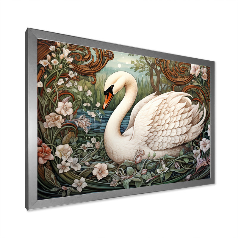 Cygnes majestueux, horizon sur toile, Cadre photo argenté, H 34 po x l 44 po x P 1,5 po