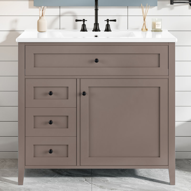 Meuble-lavabo sur pied 36 po avec lavabo en céramique, Marron clair
