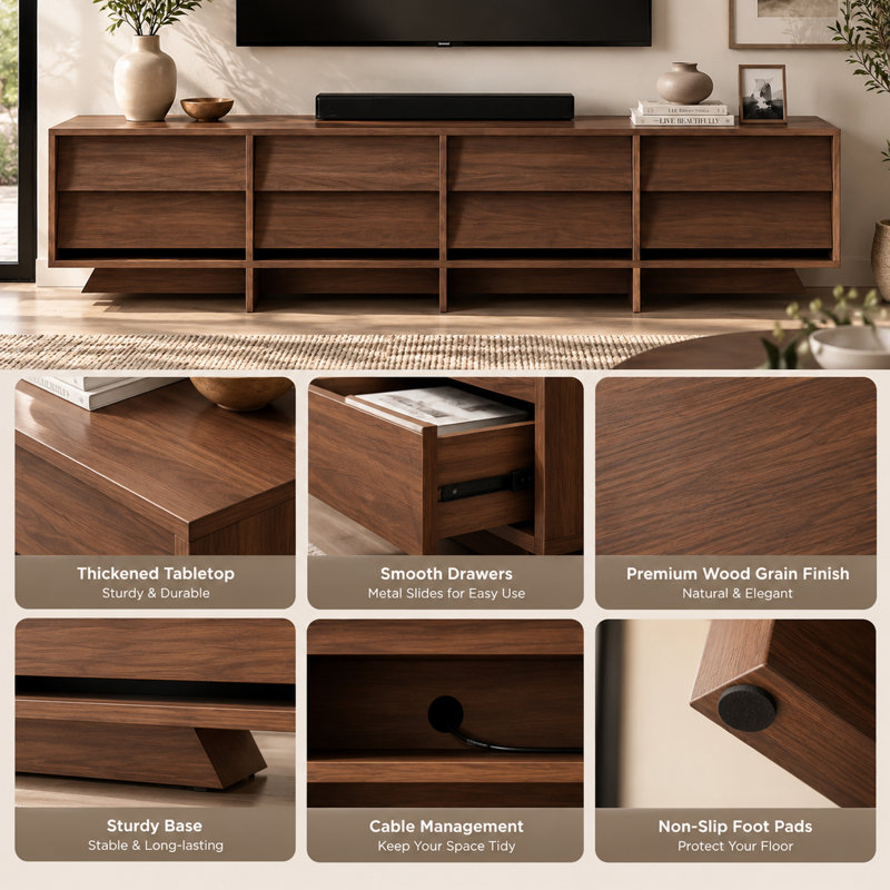 78.7" Modern Walnut TV Console, Large-Capacity Floor TV Stand with 8 Storage Drawers, Contemporary Media Cabinet for Living Room Organization